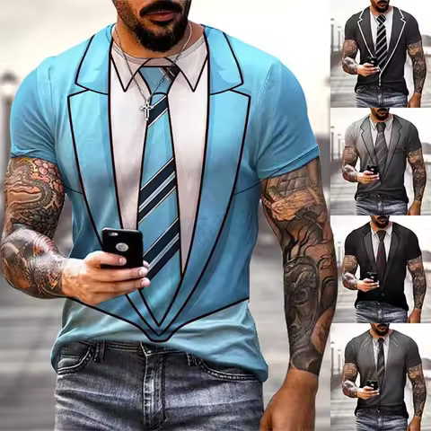 Summer fashion funny fake suit 3D printed T-shirt tailcoat tie T-shirt men's street short sleeved T-