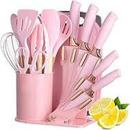 19 Pieces Kitchen Cooking Utensils and Knife Set with Holder Block, Include 11 Pcs Silicone Cooking 