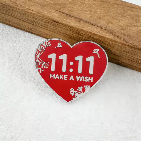 Lucky 11:11 Make a Wish Red Heart Enamel Pin Minimalist Floral Badge Positive Energy Brooch Clothing