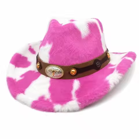 Retro Wide Brim Western Cowboy Hat Metal Badge Fuzzy Hat Windproof Warm Faux Fur Hat Winter Wear
