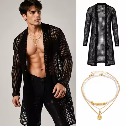 Men’s Black Fishnet Mesh Long Cardigan See Through Open Front Shirt Cover Up Party Clubwear Festival