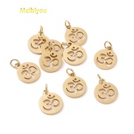 10pc 304 Stainless Steel Charms with Jump Ring Flat Round with Ohm/Aum Charm Golden 14x12x1.1mm Hole