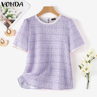 VONDA เสื้อเบลาส์เย็บสีตัดกันคอกลมสไตล์ผู้หญิงอารมณ์แขนสั้นเสื้อยืด (ดอกไม้เกาหลี) #2