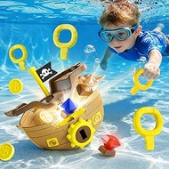 Funscape Kids Pool Diving Toy, Treasure Pirate Ship Diving Pool Game Water Play W/ Key Coin Gem, Tod