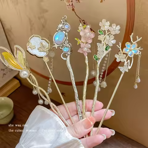 Elegant Flower Tassel Hairpin For Women Exquisite Neo-chinese Style Metal Hair Stick Girls Fashion J