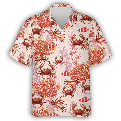 Hawaiian King Crab Graphic Beach Shirts Cute Starfish Shell Shirts For Men Clothes Crabs Coral Short