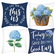 [Single Side] Blue Hydrangea Flower "Good Day" Pattern Cushion Cover Short Plush 45cm x 45cm