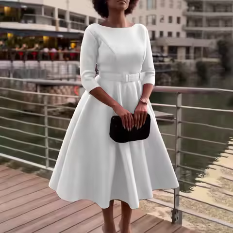 Women Spring Dress Ladies Casual Plus Size Slim Office Dress Retro Elegant O-Neck High Waist White 3