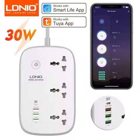 LDNIO Smart Power Strip Tuya Timing WIFI Socket EU US UK Plug Adapter with 3 USB PD Port Bluetooth S