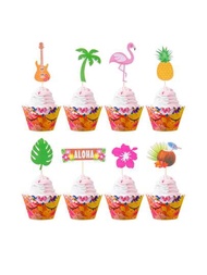 8入組夏威夷aloha主題複合物：火烈鳥、椰樹、椰子汁、吉他、杯子蛋糕裝飾插牌
