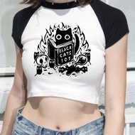 Black Cat Crop Top - Y2K Harajuku Gyaru Style Woman Tee