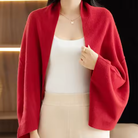 100% Merino Wool New Fashion Spring Cardigan Women's Elegant Soft Knit Shawl Korean Style Shawl Loos