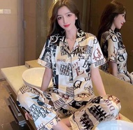 Korean High Quality Silk Print Short Sleeve Pajama Set Sleepwear For Women Pantulog