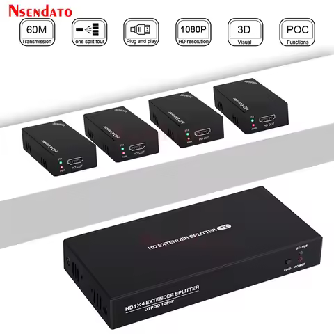 1x4 HDMI Splitter Ethernet Extender Over RJ45 60M Cat 6 1080P 1 in 4 out HDMI Transmitter Receiver U