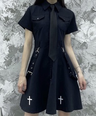 Váy Sơ Mi Tay Ngắn Punk Dark Style Punk Rock Streetwear Váy Midi Chữ a Dáng Rộng Mùa Hè 2021 Váy Côn