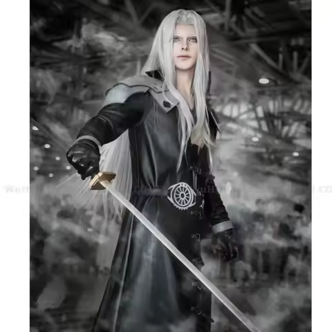 FF7 Sephiroth Cosplay Costume Black Fantasy Leather Coat Long Grey Wig Cosplay Uniform Suit Full Set
