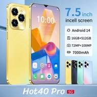 (COD) Hot40 Pro Telefon Android 4G Asal 7.5-inci Skrin Besar 16GB+512GB Bateri Telefon Pintar 7000mA