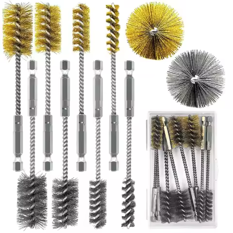 ABFI 8Pc Bore Brush Set,304 Stainless Steel&Brass Drill Wire Bore Cleaning Brushes With 1/4" Hex Sha
