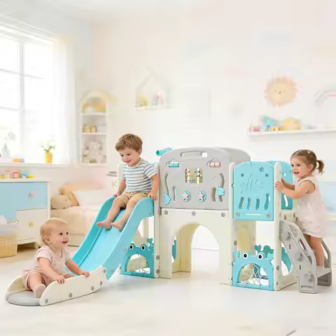 All-in-One Toddler Play Center with Slide, Basketball, and Telescope - Indoor/Outdoor (Blue and Beig