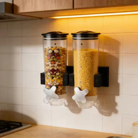 2PCs Wall-mounted Cereal Dispenser 3L/0.79gal, Separate Rice Bucket For Grains Nuts Coffee Beans Hom