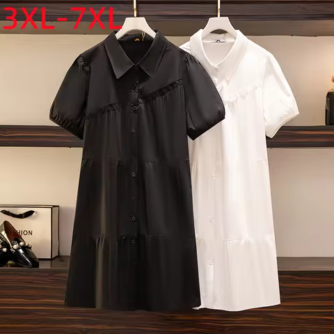 New 2022 Summer Plus Size Shirt Dress For Women Large Loose Short Sleeve Black Cotton Ruffle Mini Dr