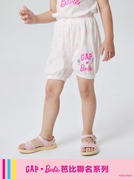 女幼童裝|Gap x Barbie芭比聯名 Logo純棉印花束口鬆緊短褲-粉色印花
