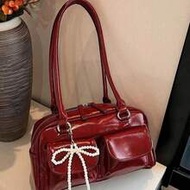 New Classic Full-Color PU Waterproof Fabric Women's Handbag, Decorated With Pearl Bow, Large Capacit