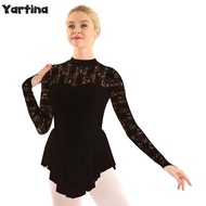 Womens Adult Gymnastics Ballet Dance Leotard Dress Dancewear Mock Neck Long Sleeve Lace Figure Ice S