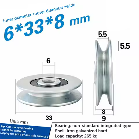 6*33*8mm V Groove Mental Bearing Round Pulley Steel Wire Over Line Lifting Wheel Guide Wheel Mechani