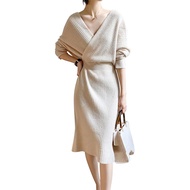 【■】Direct from Japan-Minesam Knit Dress V Neck Tight Dress Knit Knee Length Bodycon 30's 40's 50's P