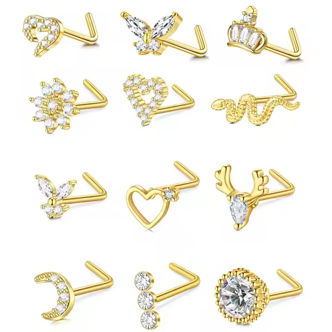 Golden L Nose Ring 0.8mm 20G Stainless Steel Piercing Women Zircon Crown Flower Heart Moon Snake Nos