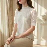 Upgrade Version Spring/Summer Women's Floral Embroidered Mandarin Collar Short Petal Sleeve Casual S
