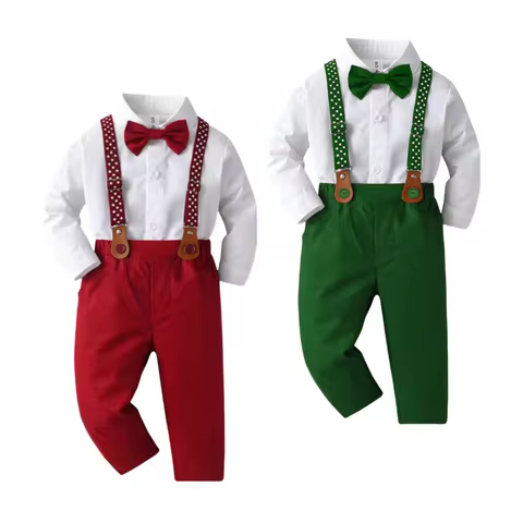 1 2 3 4 5 6 7Y Boy Christmas Outfit White Shirt+Star Printed Strap Set Children Autumn Formal Gentle