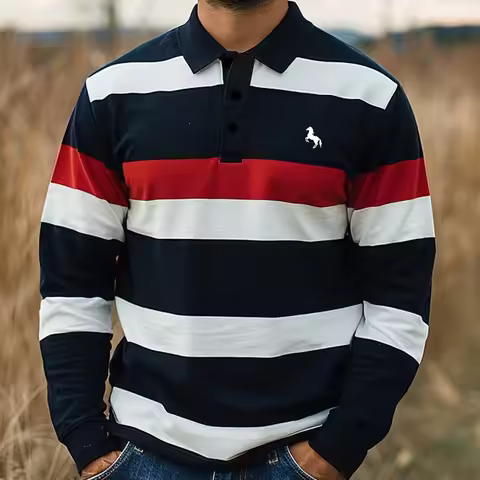 Men's Striped Rugby Long Sleeve Polo Collar Business Casual Outdoor Street Dailywear 3D Print Spring
