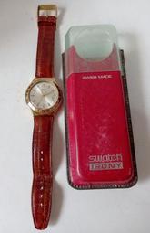Swatch 復古日期石英錶 男錶 皮帶款 復古 金色手錶 石英錶 瑞士製造 瑞士錶 中性錶 懷舊款 古董 大錶面 圓錶