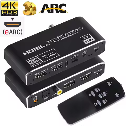 2x1 4K HDMI Switch eARC Audio Extractor With ARC & Optical Toslink HDMI 2.0 Switch 4K 60Hz HDMI Swit