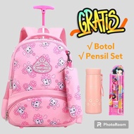 Art H2T Newest Kindergarten Elementary School Wheeled Trolly Backpack for Girls with Paint Printing 