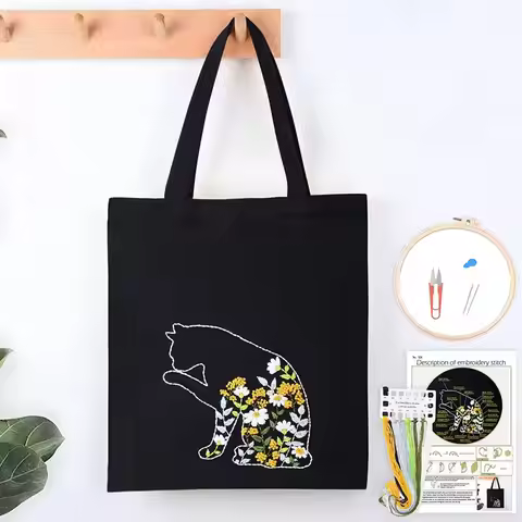 Beginner Canvas Tote Bag Embroidery Kit for Beginner Cat Pattern Cross Stitch Kits Including Stamped