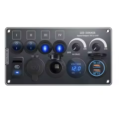 Toggle Switch Multi-Functions Silver Aluminum Panel LED Dimmer Switch 12V 24V for RV Dual Port USB Q