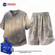 NASA联名美式潮刺绣短袖T恤男时尚套装夏季扎染短袖短裤两件套7.29 NASA co-branded American-style trendy embroidered short-sleeve T