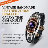 Vintage 12 Zodiac Leather Bracelet Handmade Galaxy Time Gem Lucky Energy Astrology Charm Unisex Gift