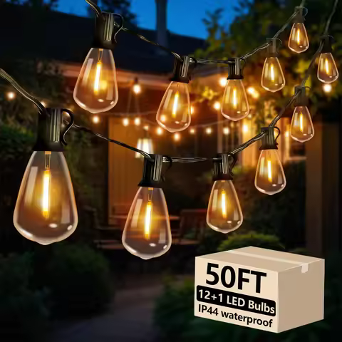 50FT ST38 LED Globe String Lights, 12 Bulbs 2700K Warm White, E12 High Voltage, Black Cable with Hoo