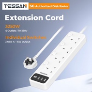 TESSAN - 4 Outlets Extension Cord 3250W Individual Switches with 2M Cable and USB-A Power Strip