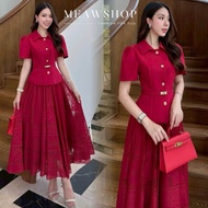 S-3XL Set 3ชิ้น เสื้อเบลเซอร์แขนสั้นคอปก+กระโปรงยาวลูกไม้+เข็มขัด ชุดทำงานผู้หญิง ชุดออกงาน ไปงาน ชุ