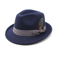 Plush Pork Pie Hat Man Fedora Unisex Gentleman Round Top Cap Cosplay Feather Accessories Derby Bowle