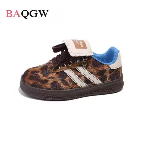 Children Boys Girls Leopard Horse Hair German Trainer Genuine Leather Sneakers Toddler Kid Light Bre