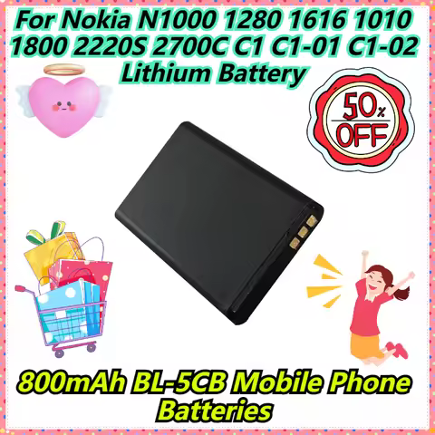 800mAh BL-5CB Mobile Phone Batteries For Nokia N1000 1280 1616 1010 1800 2220S 2700C C1 C1-01 C1-02