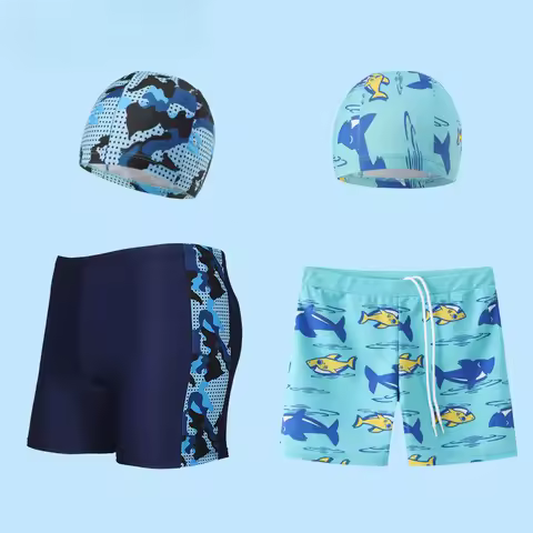 2-piece Set of Summer Children's Swim Trunks Swim Caps Boys' Swimwear Quick Drying Shorts Cartoon Pr