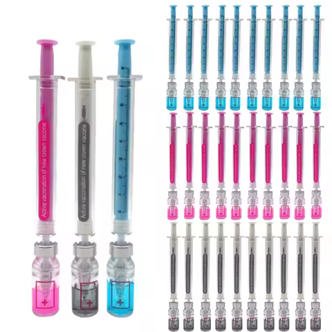 30Pcs Syringe Gel Pen Simulation Eliminates Virus Injection Syringe Shape Black Ink Signature Pen Va