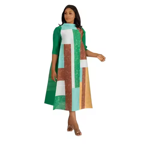 2026 Fashion African 3/4 Sleeve Polyester Plus Size O-Neck Pleated Long Dress Dashiki African Clothe
